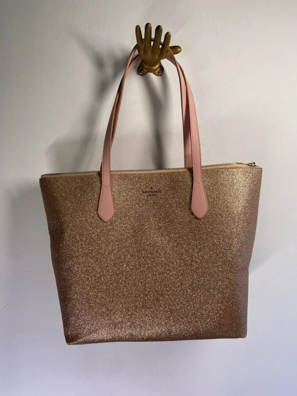 Kate Spade New York Rose Pink Glitter Tote With Pink Handles Rose Gold